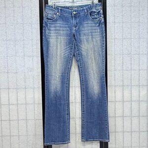 Maurices Low Rise Distressed Faded Flared Denim Jeans Medium Wash 11/12 L Bling